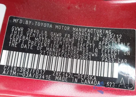 2012 Toyota Corolla S from USA, damaged, VIN 2T1BU4EE6CC893861